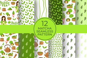 Matcha green tea pattern set. Seamless japanese culture pattern collection with Matcha powder, bowl, teapot, leaves and cupcake.