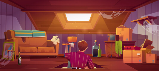 Man climb on attic by ladder through roof hatch, character in room with old things and furniture. Discreet garret with antique radio, sofa, carton boxes and wine bottles, Cartoon vector illustration © klyaksun