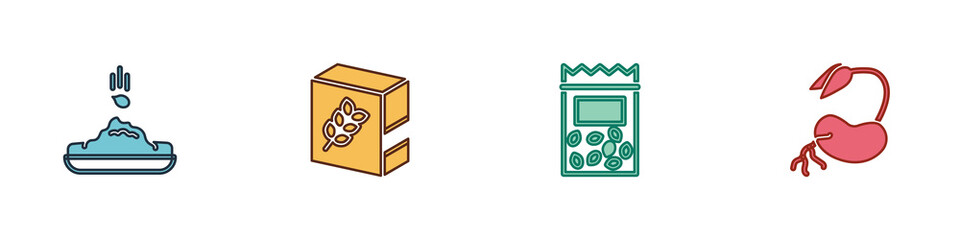 Set Seed, Flour pack, Pack full of seeds of plant and Sprout icon. Vector