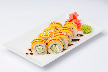 Sushi rolls philadelphia or california with cheddar and creame cheese, with tuna and avocado.