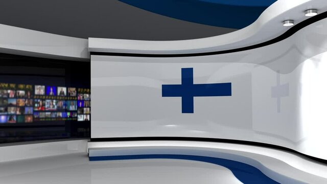 TV studio. Finland. Finnish flag background. News studio.  Loop animation. Background for any green screen or chroma key video production. 3d render. 3d 