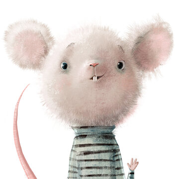 cute lovely cartoon white mouse portrait with striped sweater