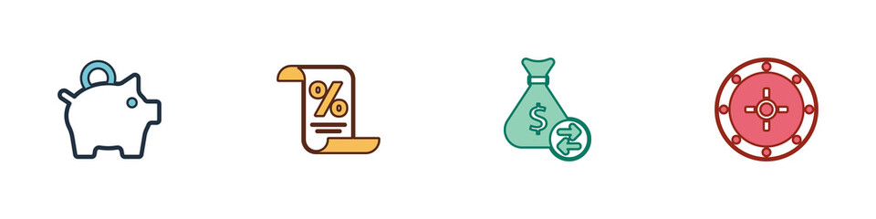 Set Piggy bank, Finance document, Money bag and Safe icon. Vector