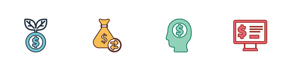 Set Dollar plant, Money bag, Business man planning mind and Monitor with dollar icon. Vector