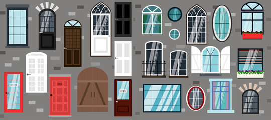 Set of vector doors and windows. Flat illustration of different types, designs and styles of door structures. The facade of the building in the modern, classic style. Illustrations for the design of