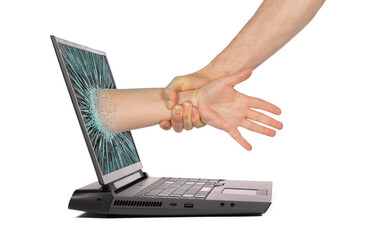 Fototapeta na wymiar Man pulling someone through the laptop screen