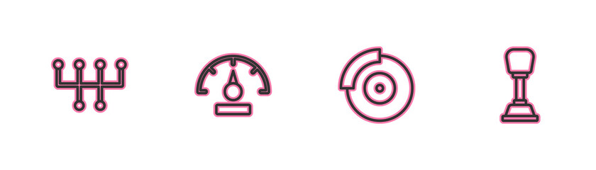 Set line Gear shifter, Car brake disk with caliper, Speedometer and icon. Vector