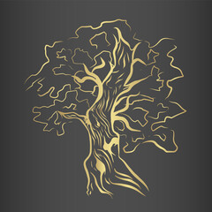 Abstract contrast gold lined drawing of family tree and strong tribe, vector with dark gradient background, positive picture with strong theme., power, roots
