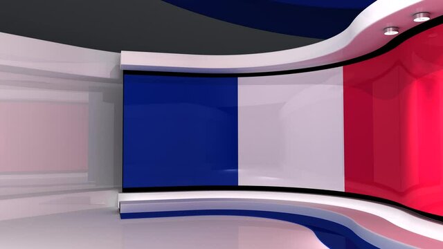 TV studio. French flag background. News studio. Loop animation. Background for any green screen or chroma key video production. 3d render. 3d