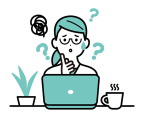 私服でパソコンで作業をしているビジネスパーソンのイラスト　女性　困る・悩む
