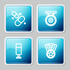 Set line Vitamin pill, Gong, Punching bag and Medal icon. Vector