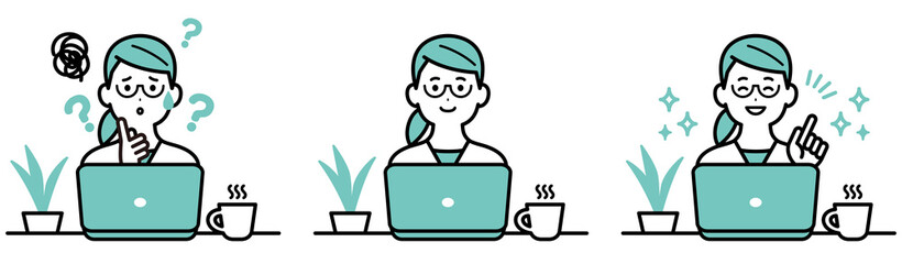 私服でパソコンで作業をしているビジネスパーソンのイラスト　女性　表情のセット