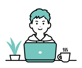 私服でパソコンで作業をしているビジネスパーソンのイラスト　男性