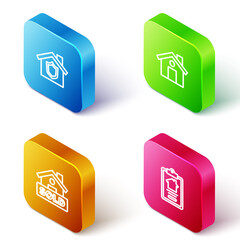 Set Isometric line House with shield, , Hanging sign text Sold and contract icon. Vector