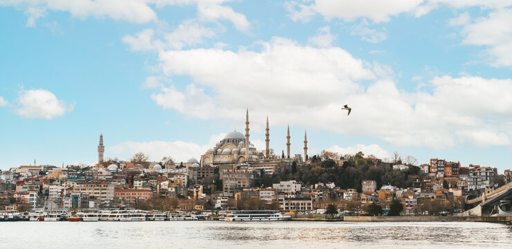 Panorama of Istanbul. The beautiful Suleymaniye mosque against the blue sky. 
