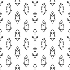 Seamless pattern with rocket ship silhouette on white background.