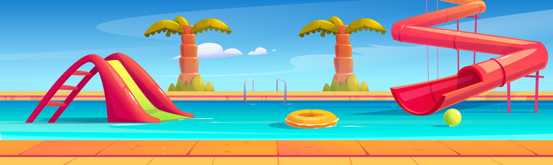 Fototapeta na wymiar Aqua park with swimming pool, water slides and palms. Vector cartoon illustration of resort aquapark with colorful spiral pipe, small kids waterslide, inflatable ball and lifebuoy in pool