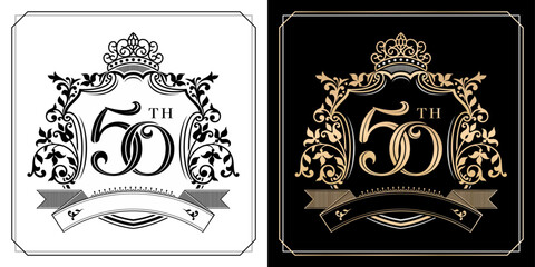 illustration of 50th Golden anniversary symbol with royal crown emblems, two variation gold and monochrome design isolated black and white backgrounds. applicable for greeting cards, invitation etc.