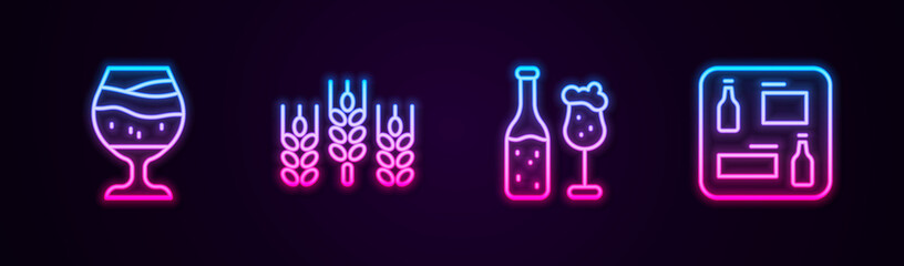 Set line Glass of beer, Wheat, Beer bottle and glass and menu. Glowing neon icon. Vector