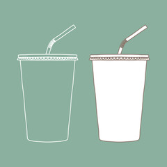 Take away plastic cup with straw mockup. Linear, vector realistic. Outline stock illustration.