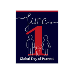 Calendar sheet, vector illustration on the theme of Global Day of Parents. June 1. Decorated with a handwritten inscription - JUNE and stylized linear family silhouette.