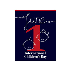 Calendar sheet, vector illustration on the theme of International Children's Day. June 1. Decorated with a handwritten inscription - JUNE and stylized linear Children's faces.