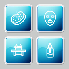 Set line Bath sponge, Facial cosmetic mask, Sauna bench with bucket and Essential oil bottle icon. Vector
