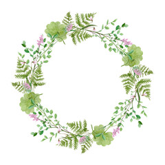 Watercolor forest greenery wreath frame. Perfect for logo and wedding invitation. Botanical illustration