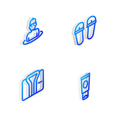Set Isometric line Flip flops, Man in the sauna, Bathrobe and Cream or lotion cosmetic tube icon. Vector