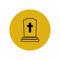 Obraz premium Grave and cemetery icon in a yellow circle. Funeral ceremony. Festival of the Dead or Halloween. Custom button in the app interface. Vector graphics.