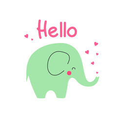 Postcard with a cute elephant. Elephant icon sign, Kawaii animal, Cute cartoon character. 