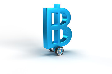 Bitcoin currency on wheels as a car on a white isolated background.