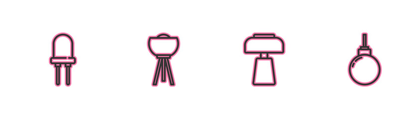 Set line Light emitting diode, Table lamp, Floor and Lamp hanging icon. Vector