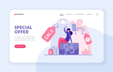 Special offer sale and discount concept landing page website banner template. Female character sitting on gift box surrounded by promotional sale bags. Loyalty program