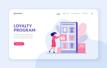Loyalty program landing page website banner template. Girl receives gift for promotional product vector flat concept. Female character picks up gift box in mobile online application