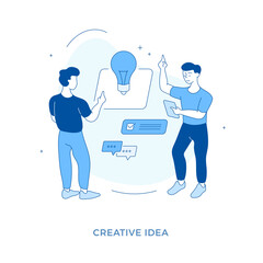 Linear flat Creative idea concept. Male cartoon characters business partners working together. Sharing business ideas, collaboration, brainstorming, solving problems