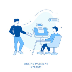 Linear flat Online payment system. Male cartoon character paying for purchases with card. Seller sitting at desktop and receiving payment online. Digital financial transaction. Shopping online