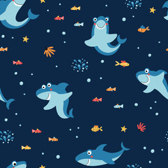 Seamless background with funny sharks