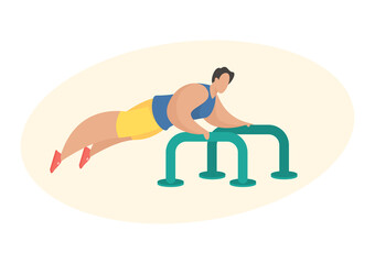 Man in sportswear doing push up using outdoor fitness equipment. Male cartoon character doing sport exercises. Chest exercises. Flat vector illustration