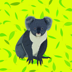 Cute Koala on the background of eucalyptus leaves. Tropical vector illustration