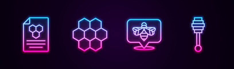 Set line Honeycomb, , Bee and dipper stick. Glowing neon icon. Vector