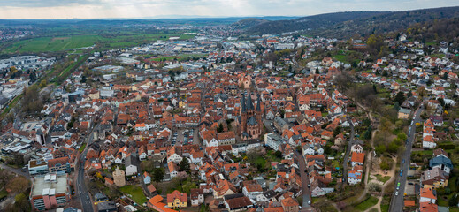 Aerial view of the old town of Gelnhausen in Germany, Hesse on an early spring day.