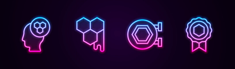 Set line Beekeeper, Honeycomb, Hanging sign with honeycomb and medal. Glowing neon icon. Vector