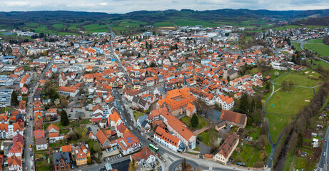 Aerial view of the city Schlüchtern in Germany, Hesse on a sunny day in early spring