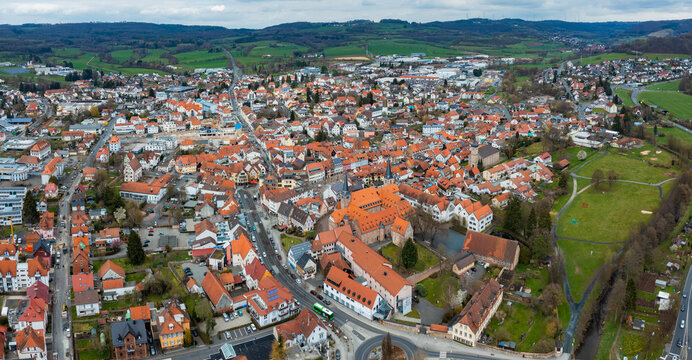 Aerial view of the city Schlüchtern in Germany, Hesse on a sunny day in early spring