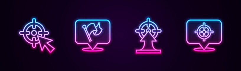 Set line Target, Flag, and . Glowing neon icon. Vector