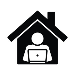 A man with laptop on house icon symbol, Work at home, Working remotely concept, Black isolated on white background, Vector design illustration