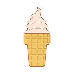 Line art vector illustration of waffle cone or cup with soft serve vanilla ice cream or gelato in pastel colors. Isolated on white background.