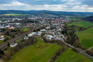 Fototapeta na wymiar Aerial view of the city Bad Soden in Germany, Hesse on a sunny early spring day.