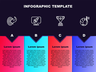 Set line Target, Rocket ship, Award cup and Planet with flag. Business infographic template. Vector